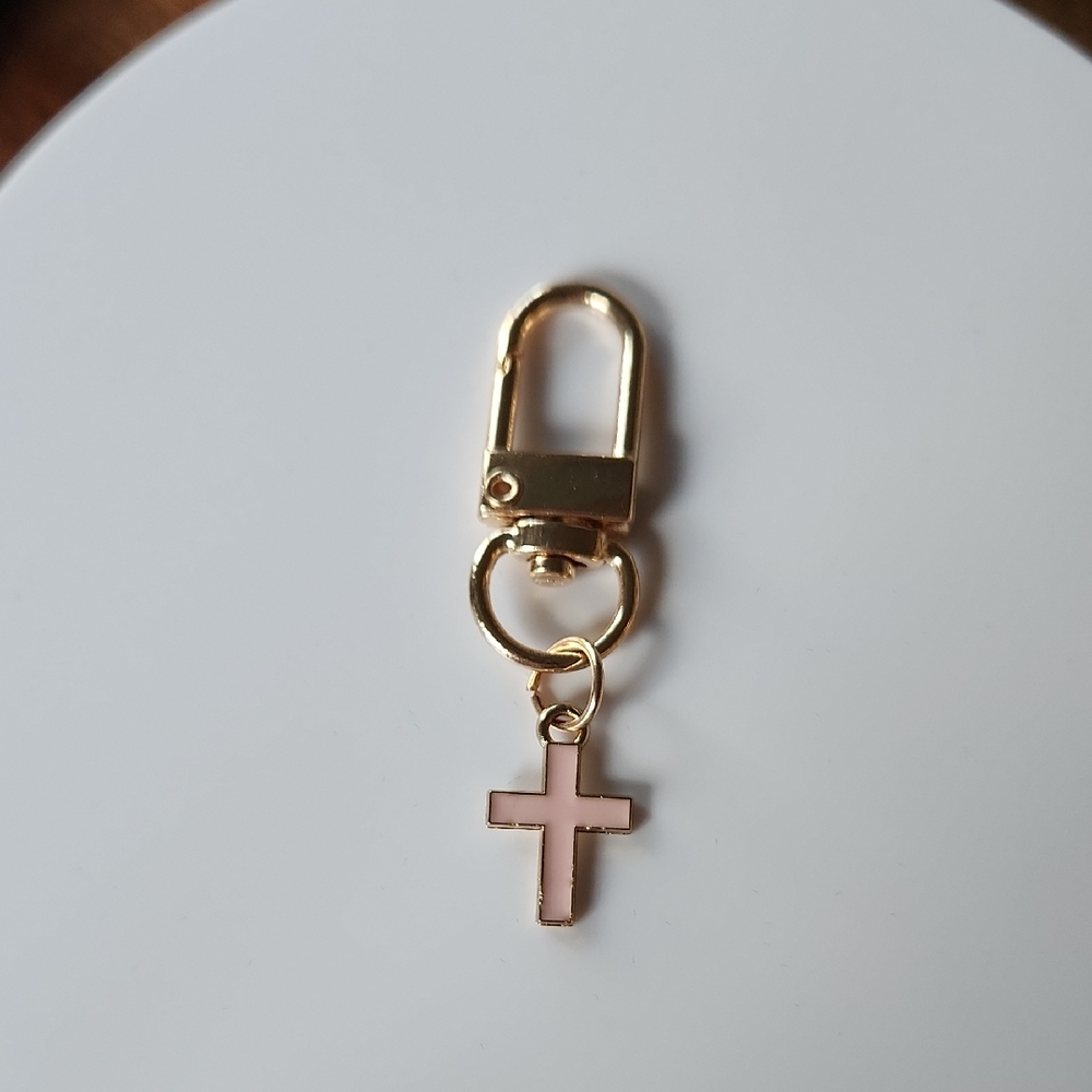 Cross Bag Charm/Keychain, Gold Tone, Pink Cross